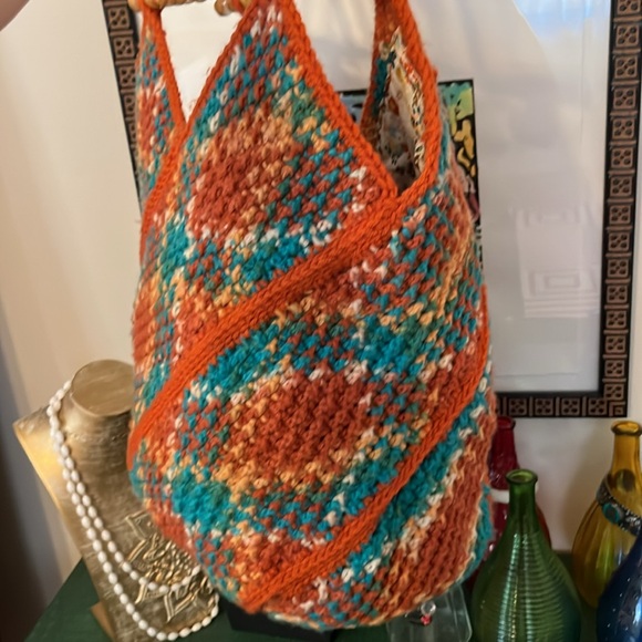 Crochet Bag With Wooden Handle Handcrafted - Picture 2 of 11